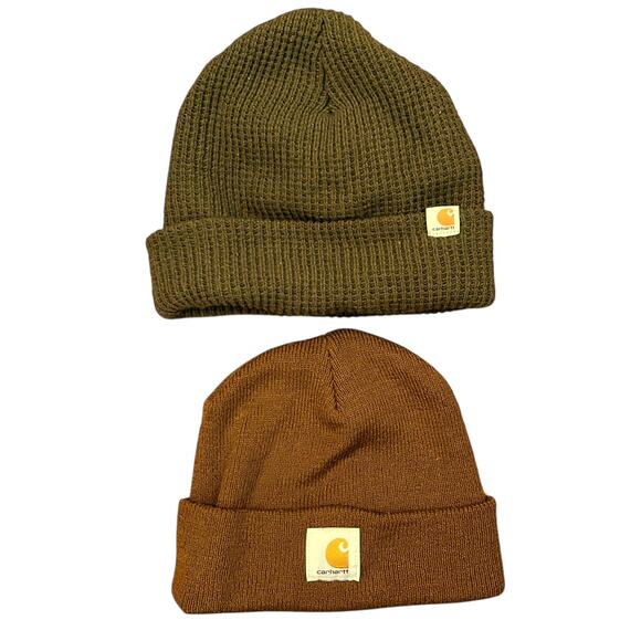 Carhartt Brown Cuffed Beanie Logo Green Waffle Fold Over Hat Cap Outdoor OS - Picture 1 of 10